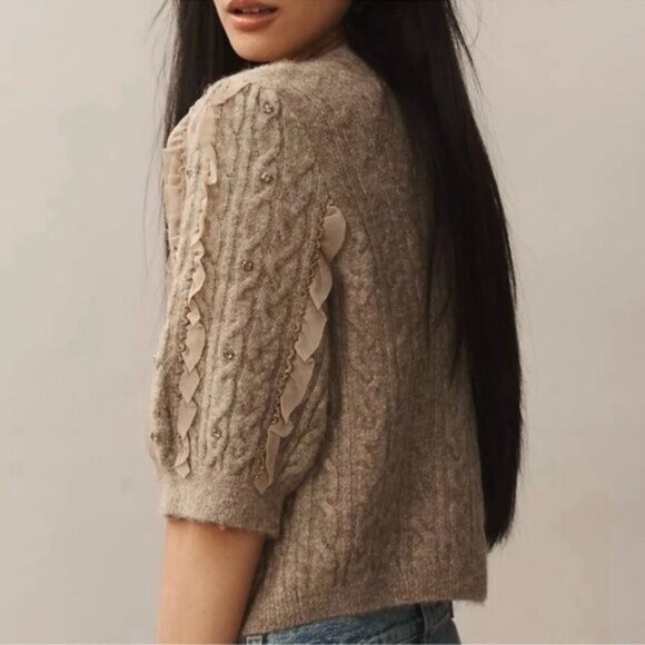 Maeve Embellished Tan Ruffle Button Cardigan - Picture 2 of 8